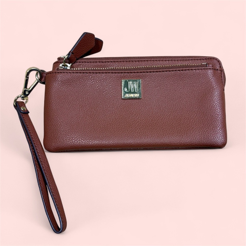 Jason Wu JW Brown Leather Wristlet Clutch Double Zip Wallet‎ Card Holder